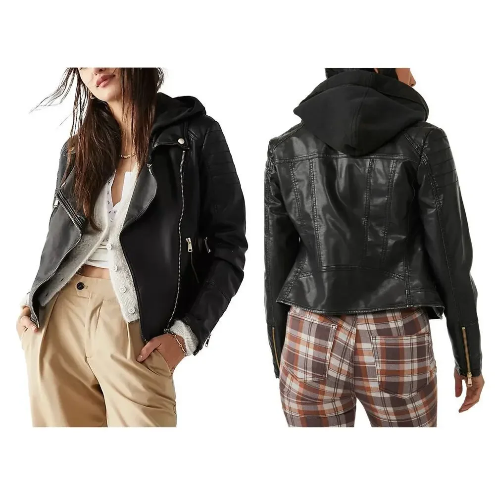 Free People Harriett Hooded Faux Leather Moto Jacket Size XS